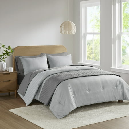 Mainstays 8-Piece Reversible Bed in a Bag Comforter Set with Sheets, Grey, Queen, All Ages, Unisex