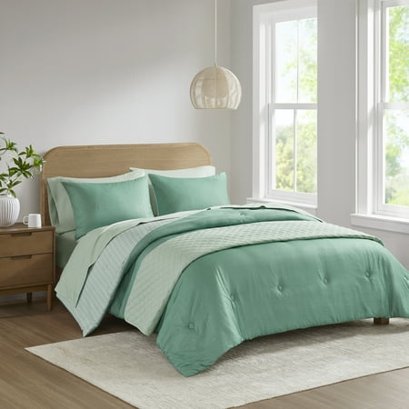Mainstays 8-Piece Reversible Bed in a Bag Comforter Set with Sheets, Sage, King, All Ages, Unisex