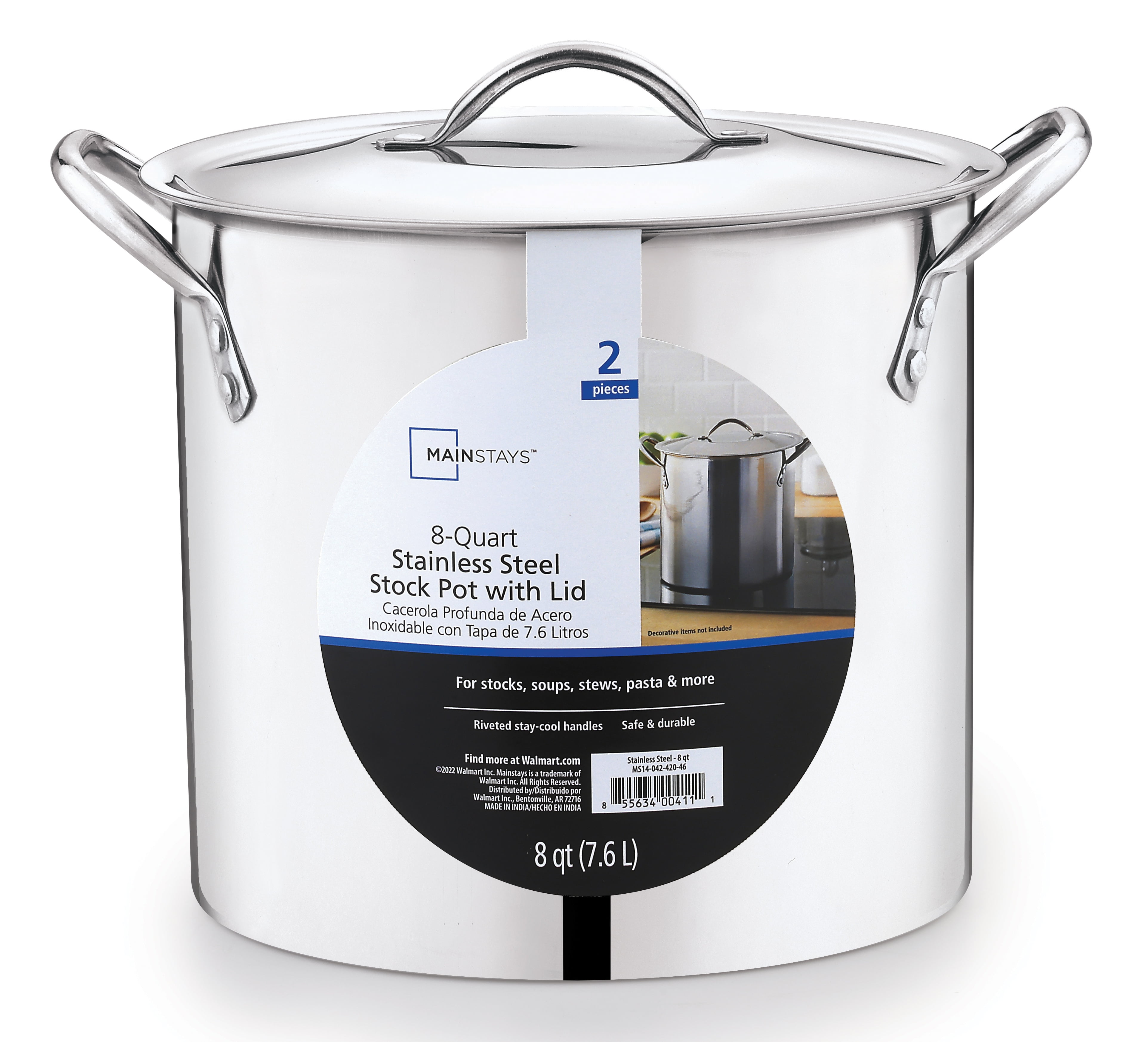 Mainstays 8 Quart Stock Pot with Lid, Stainless Steel