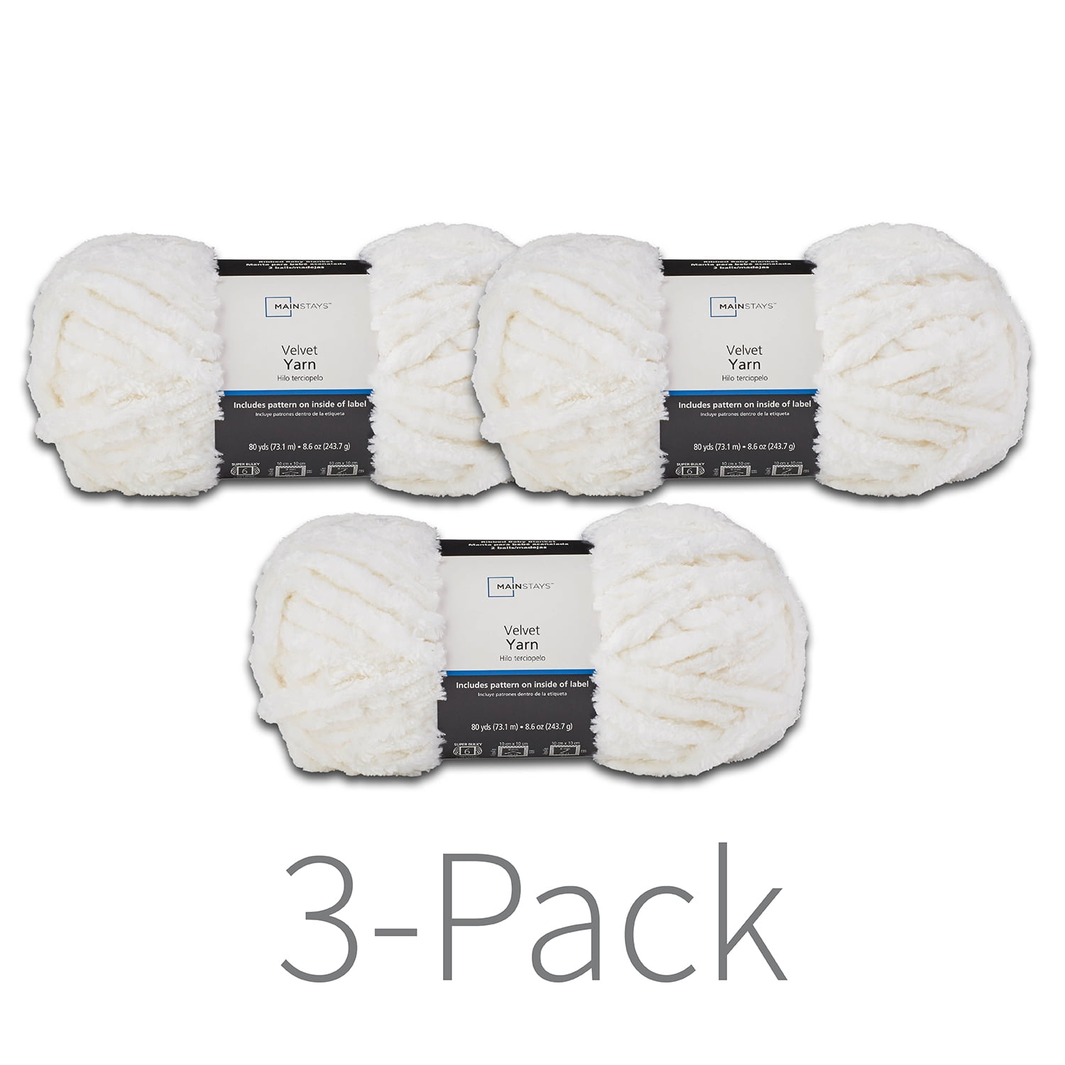 Mainstays 80 yd. Super Bulky Velvet Yarn, Arctic White, 100% Polyester,  Pack of 3 