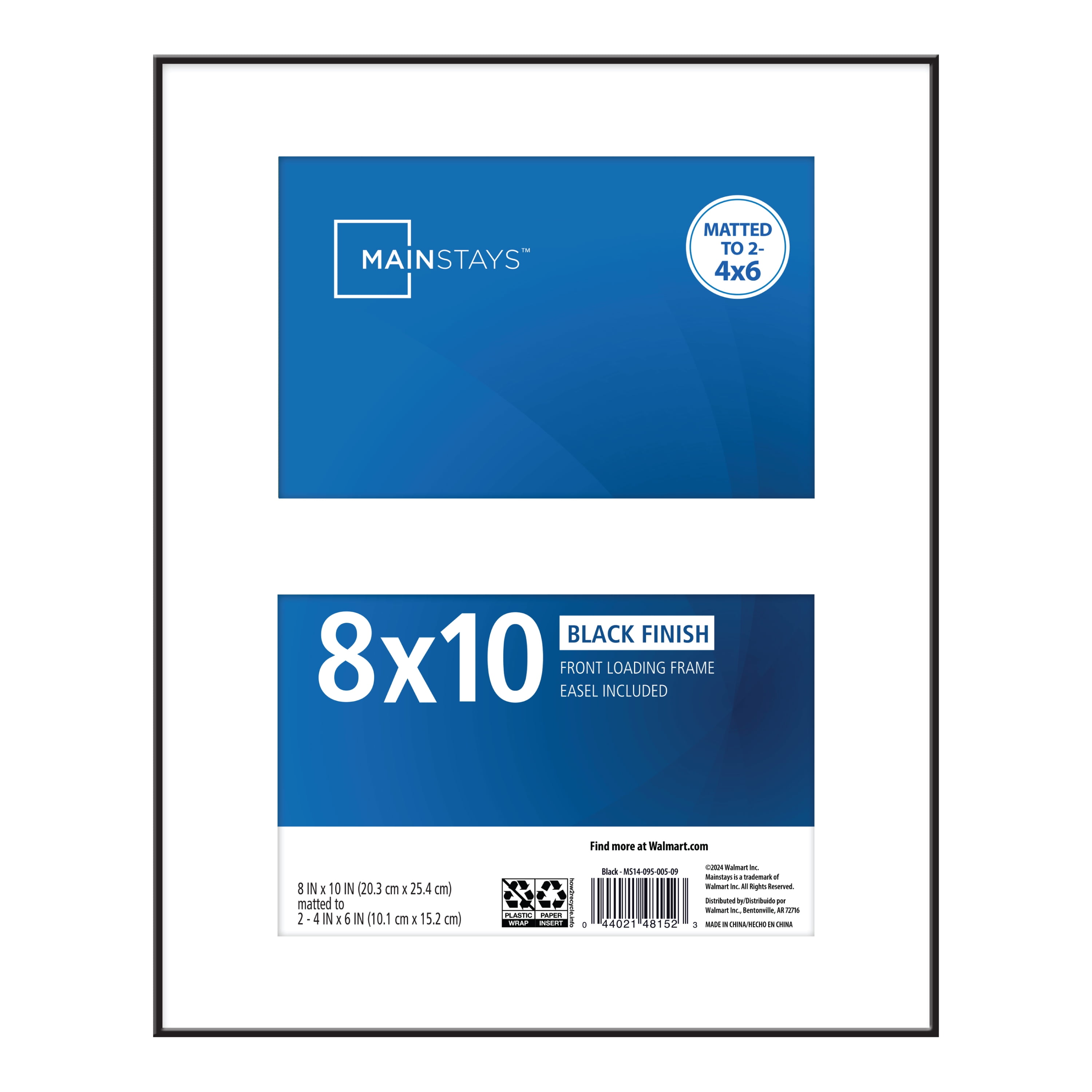 Mainstays 8x10 Matted to 4x6 2-Opening Front Loading Basic Tabletop Picture Frame, Black