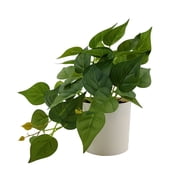 Mainstays Indoor 8 in Artificial Trailing Pothos Plant in White Plastic Pot, Green