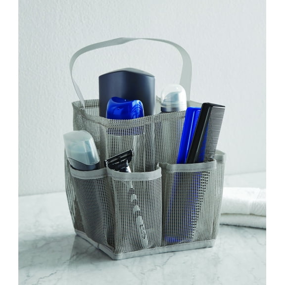 Mainstays 9-Pocket Mesh Shower Tote, Soft Silver, Waterproof Material, Bathtub and Shower Organizer