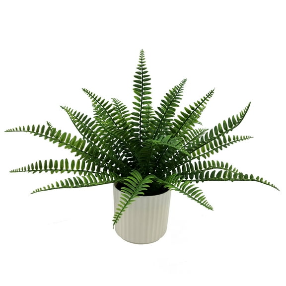 Mainstays 9 in Artificial Fern Leaf in White Pot, Green Color, 0.5lb Weight.