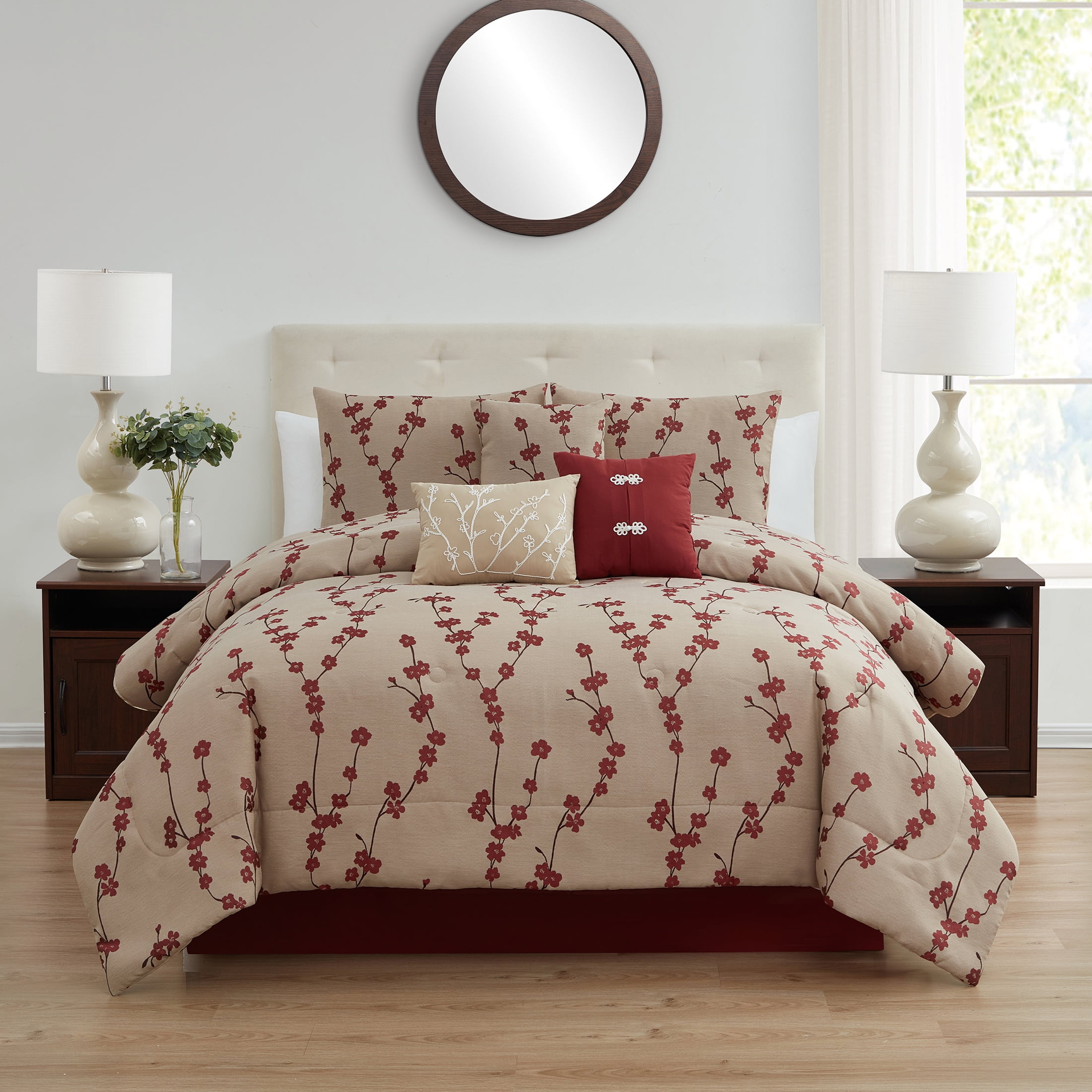 Free Shipping! Mainstays Aaroon 7-Piece Red Floral Comforter Set, Full/Queen - Walmart.com