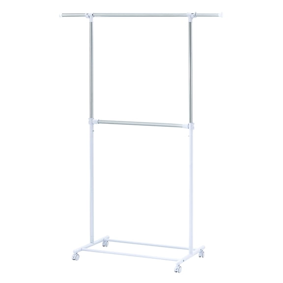 Mainstays Steel Adjustable 2-Tier Rolling Clothes Rack with Locking Wheels - Silver and White