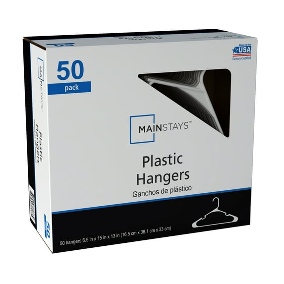 Mainstays Lightweight & Durable Plastic Clothes Hangers, White, 50-Count