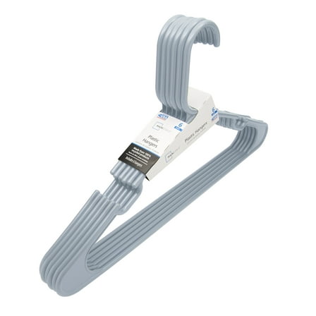 Mainstays Plastic Clothes Hangers, Gray, 6-Count, Lightweight & Durable for Everyday Use