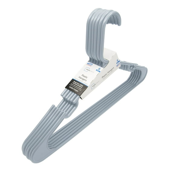 Mainstays Plastic Clothes Hangers, Gray, 6-Count, Lightweight & Durable for Everyday Use