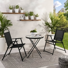 Mainstays Albany Lane 3-Piece Outdoor Bistro Set, Folding Chairs & Glass Table, Black