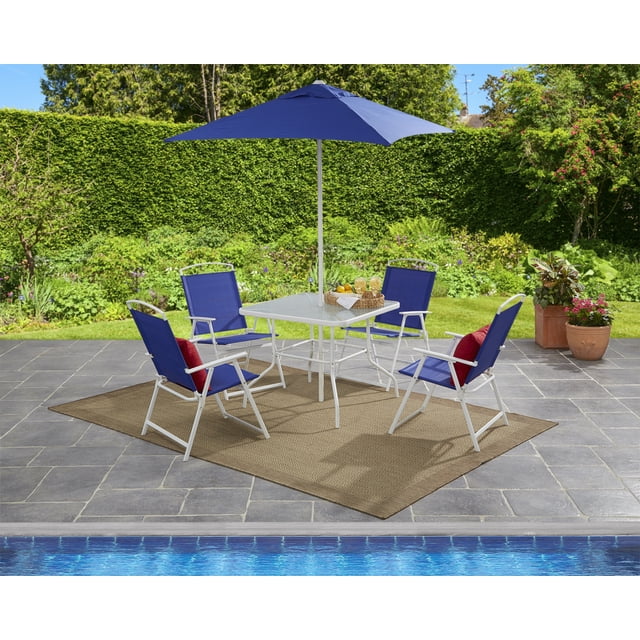Mainstays Albany Lane 6-Piece Steel Outdoor Patio Dining Set with Umbrella, Blue