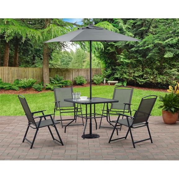 Open Box Mainstays Albany Lane 6-Piece Steel Outdoor Patio Dining Set with Umbrella, Gray