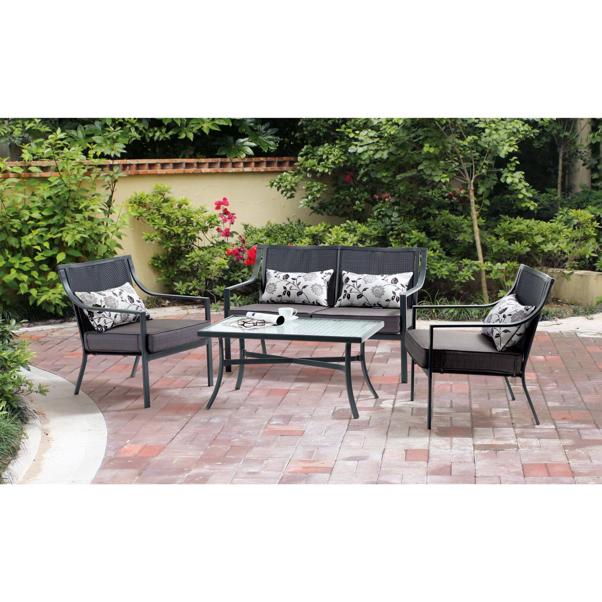 Mainstays Alexandra Square 4-Piece Patio Conversation Set, Grey with Leaves, Seats 4 with Gray Cushions - image 1 of 9