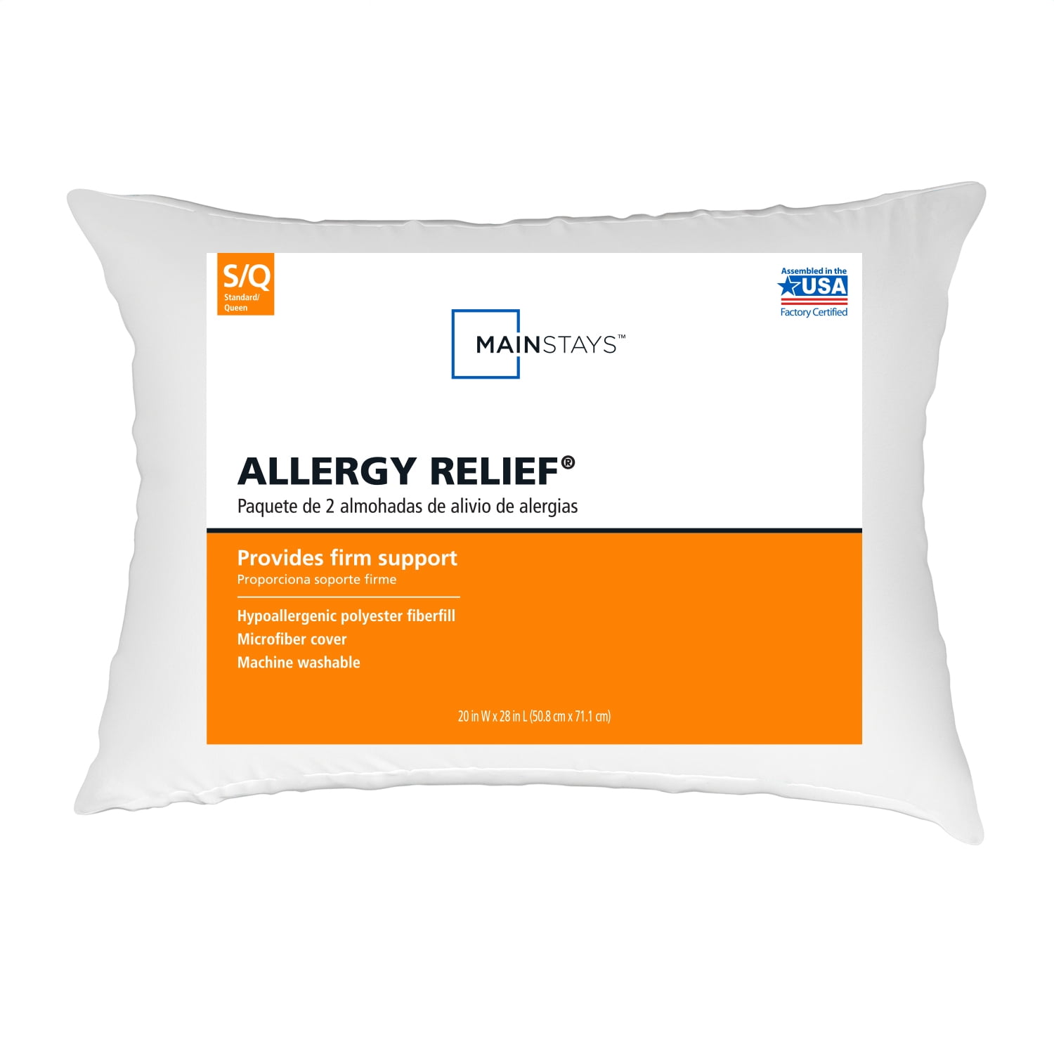 Mainstays Allergy Relief Bed Pillow, Standard/Queen, White- Firm Support