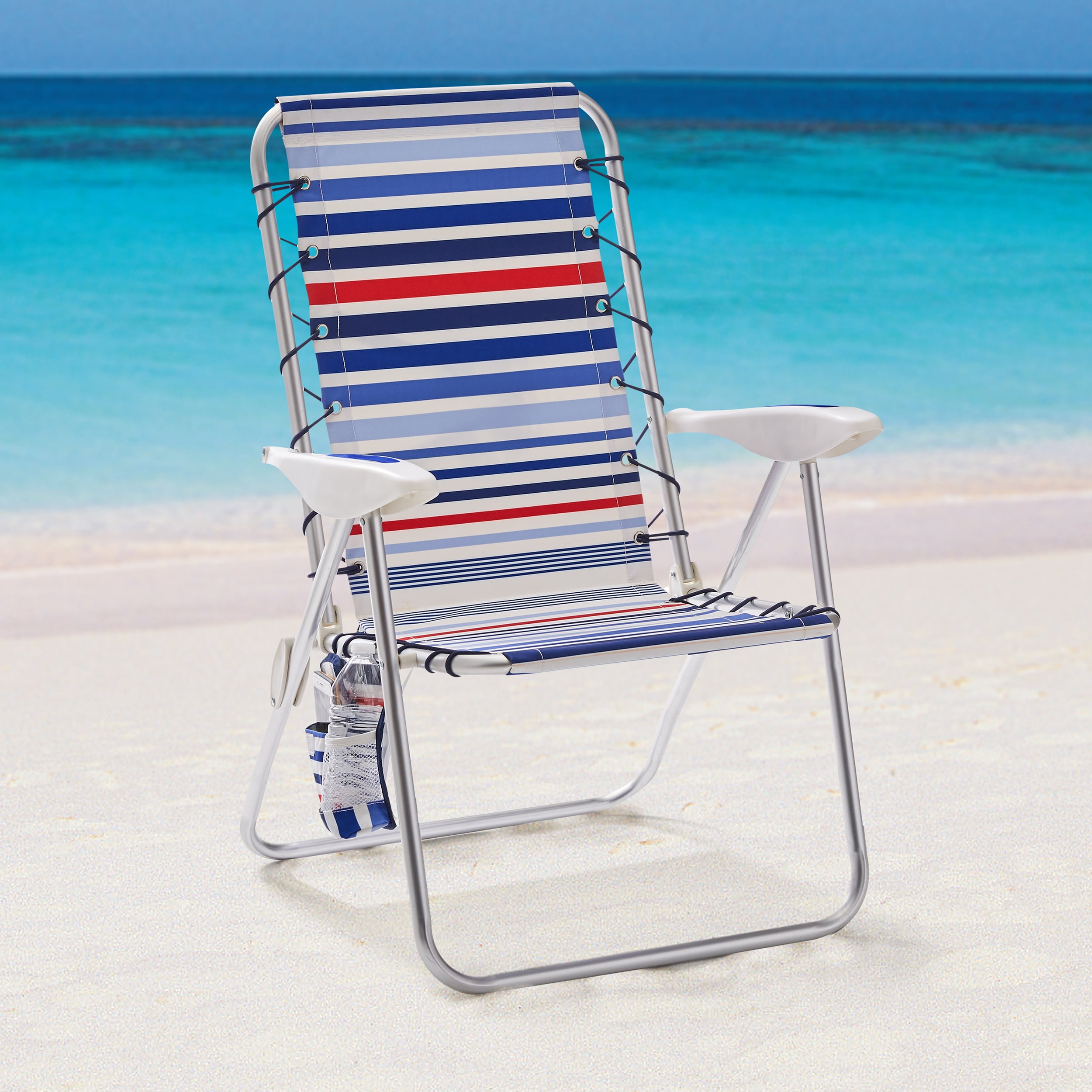 Mainstays Aluminum Bungee Reclining Fabric Beach Chair with Storage Pockets, Red White & Blue Stripe