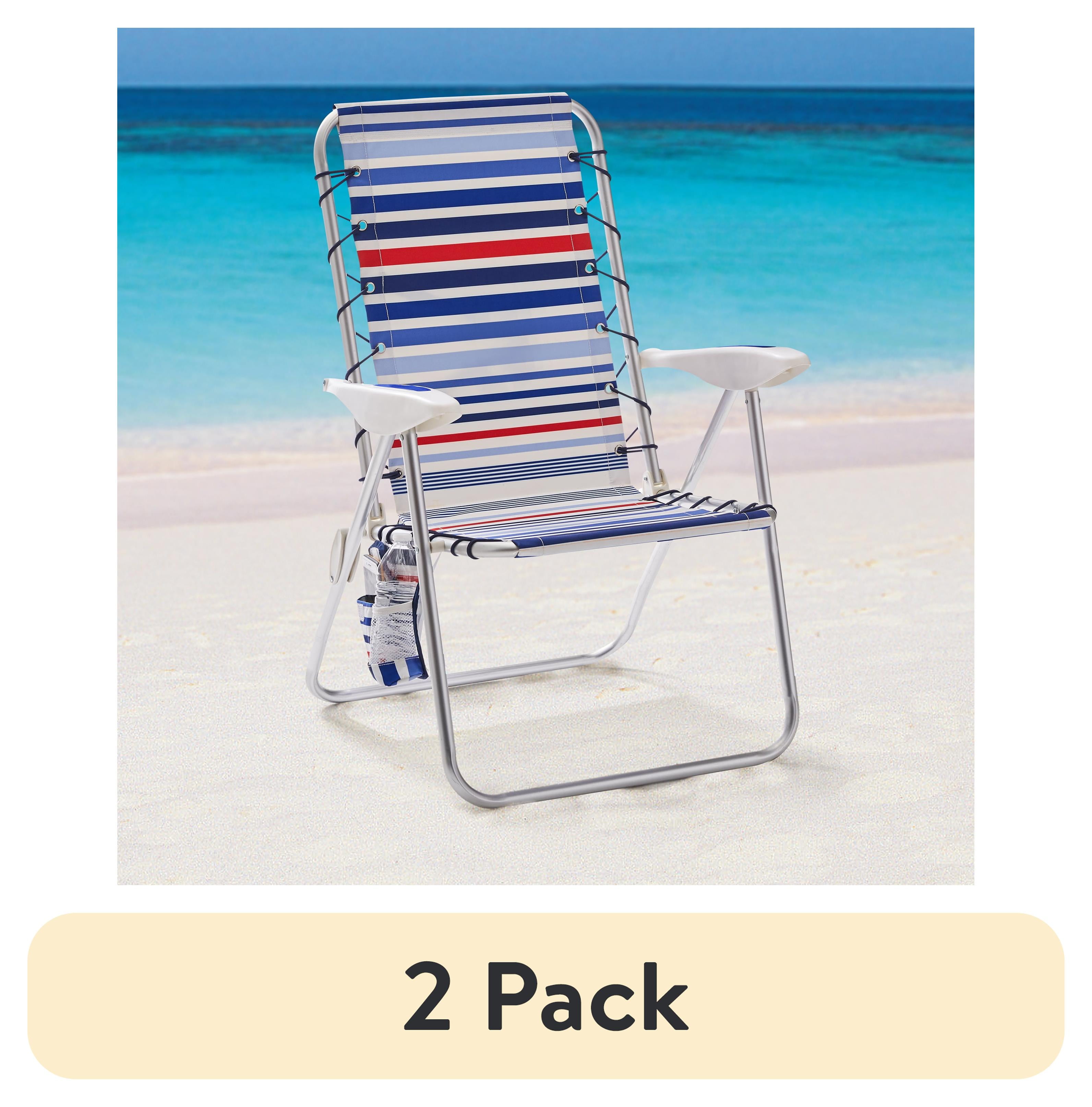 (2 pack) Mainstays Aluminum Bungee Reclining Fabric Beach Chair with Storage Pockets, Red White & Blue Stripe