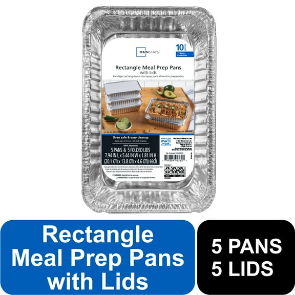 Mainstays 8.69" x 6.18" Aluminum Meal Prep Pans with Folded Lids, 5 Count