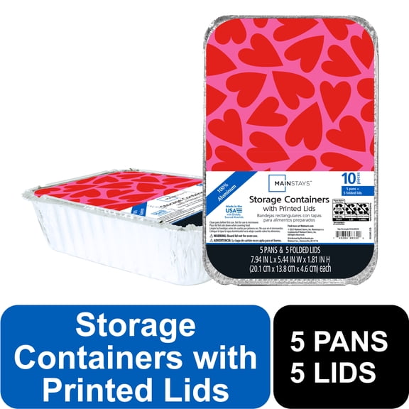 Mainstays Aluminum Meal Prep Pans with Folded Lids Hearts, 8.69 x 6.18 x 2.5 inch