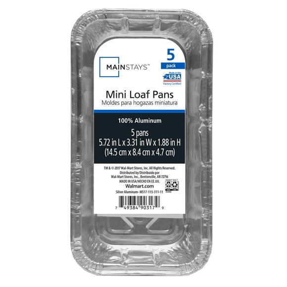 Mainstays Aluminum Mini Loaf Pans, 5 Count Disposable for Easy Cleaning 5.72" x 3.31" x 1.88"