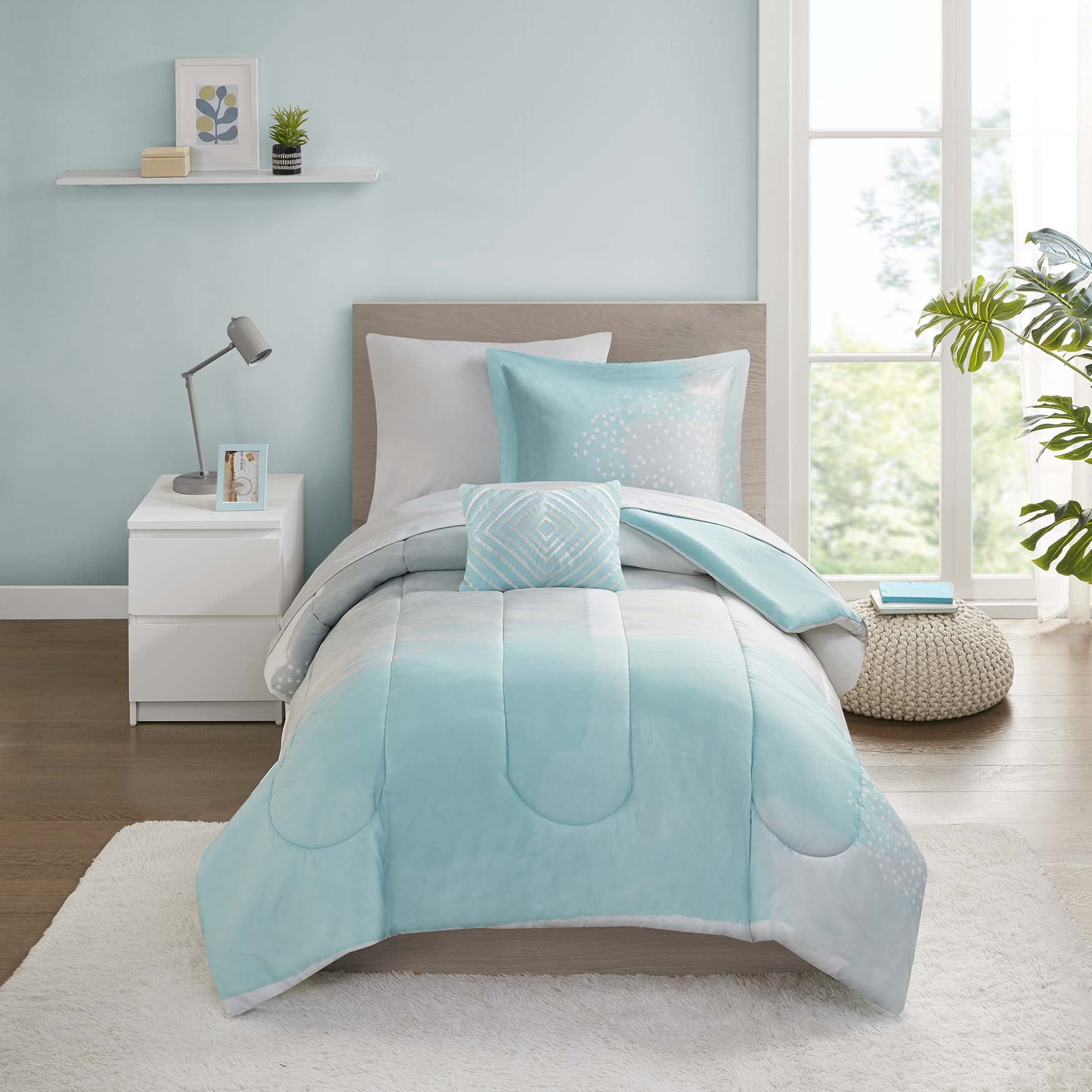 Mainstays Aqua Watercolor 6-Piece Bed in a Bag, Twin/Twin XL