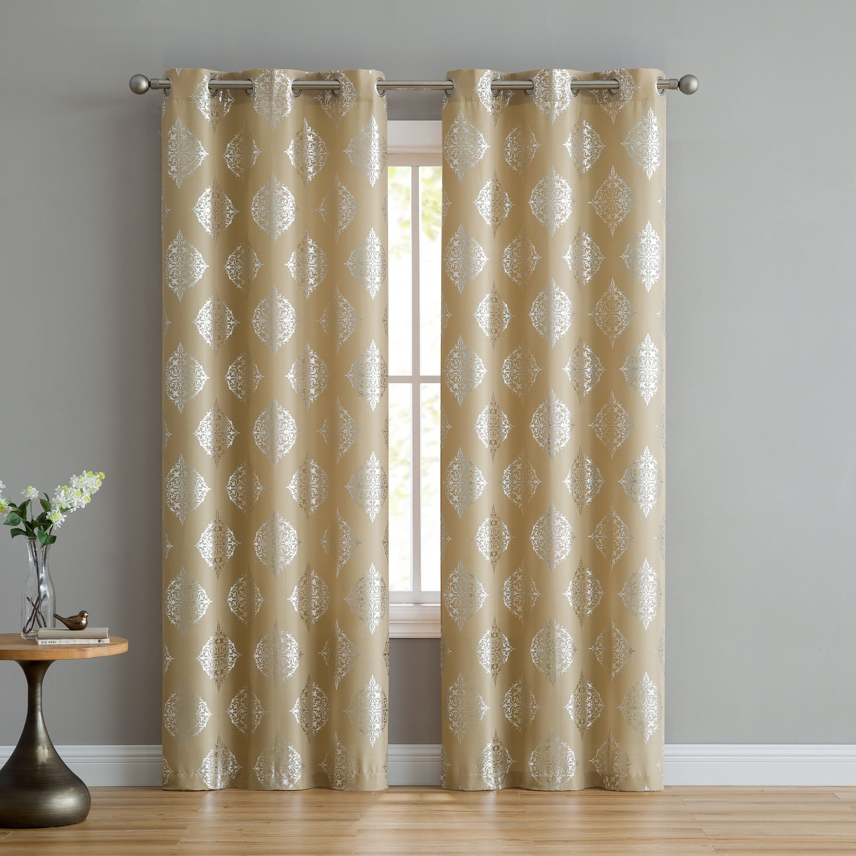 Mainstays Aria Gold Metallic Damask Grommet Top Window Curtain Panel