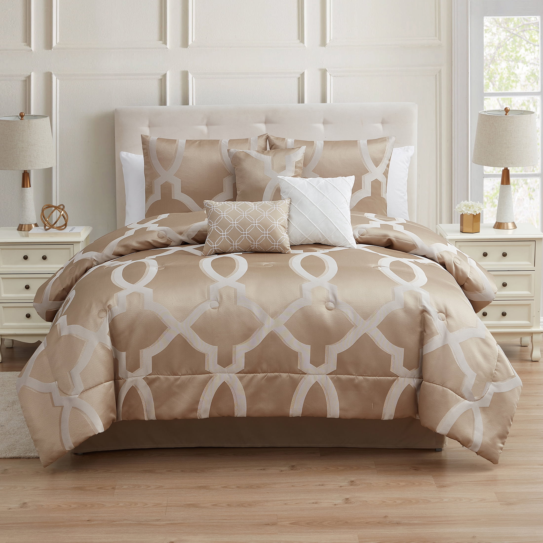 Mainstays Artemis 7-Piece Taupe Trellis Comforter Set, King