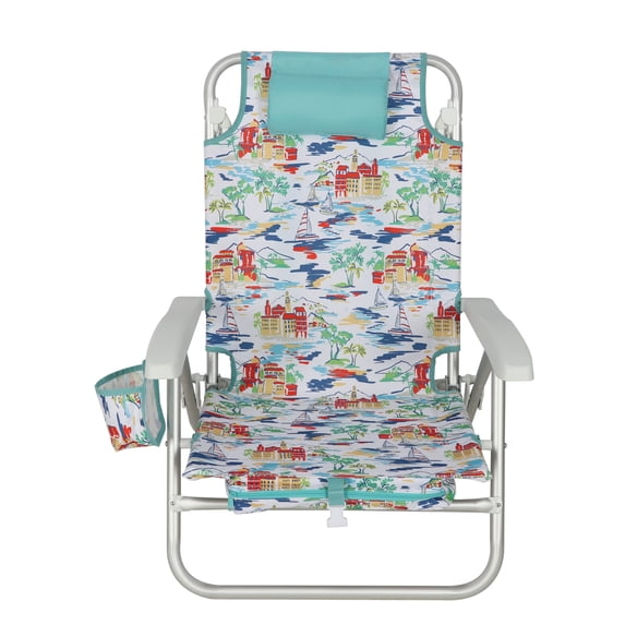 Mainstays Reclining Backpack Beach Chair with Pillow, Beach Scene