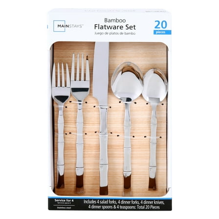 Mainstays Bamboo Design Stainless Steel Flatware Set, 20 Pieces, Service for 4 Adults