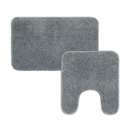 Mainstays Basic 2 Piece Polyester Bath Rug Set, 20" x 32" Rug and Contour Rug, Light School Grey