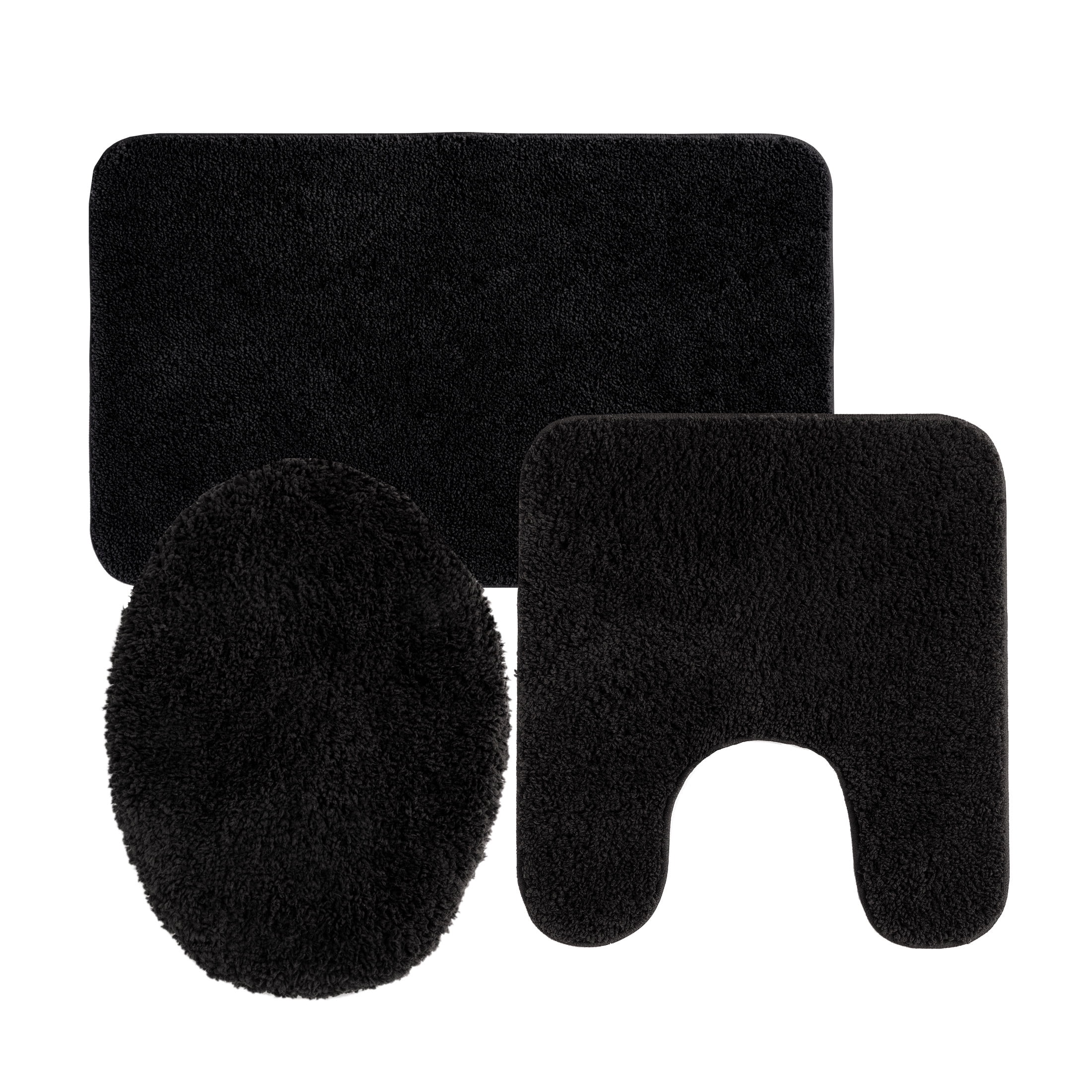 Mainstays Basic 3 Piece Polyester Bath Rug Set, 20" x 32" Rug, Contour, Lid Rich Black