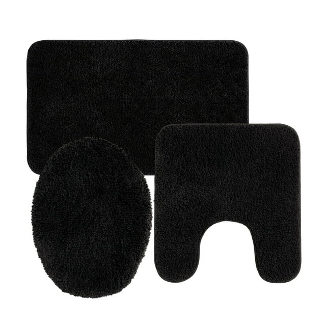 Mainstays Basic 3 Piece Polyester Bath Rug Set, 20" x 32" Rug, Contour, Lid Rich Black