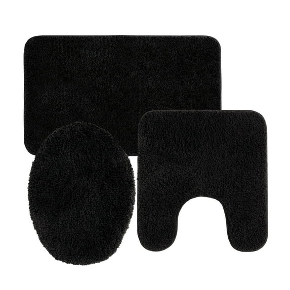 Mainstays Basic 3-Piece Polyester Bath Rug Set: Black, Contour, Lid Cover and 20" x 32"