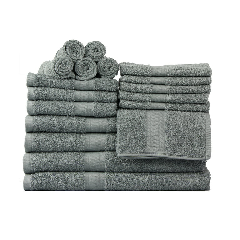 Pink and Gray Set of 4 Bathroom Towels, Grey Striped Fabric With