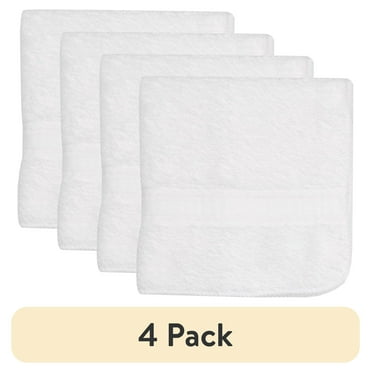 (4 pack) Mainstays 100% Cotton Washcloth, Super Soft and highly absorbent Basic Solid Premium Washcloth for Bathroom, Hotels, Spa and Gym – White