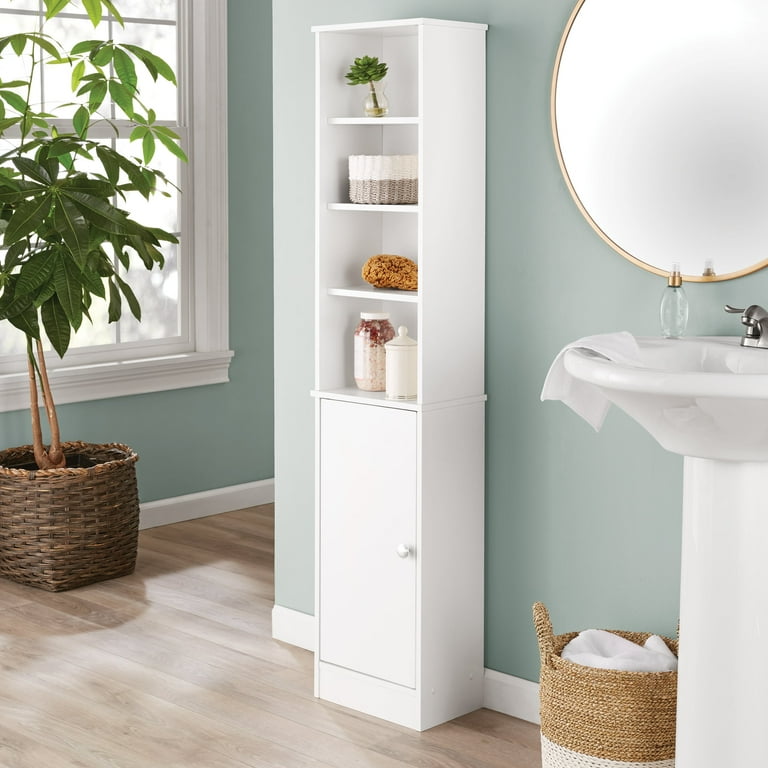 Mainstays Bathroom Storage Linen Tower with Concealed Storage and Four Fixed Shelves White Walmart