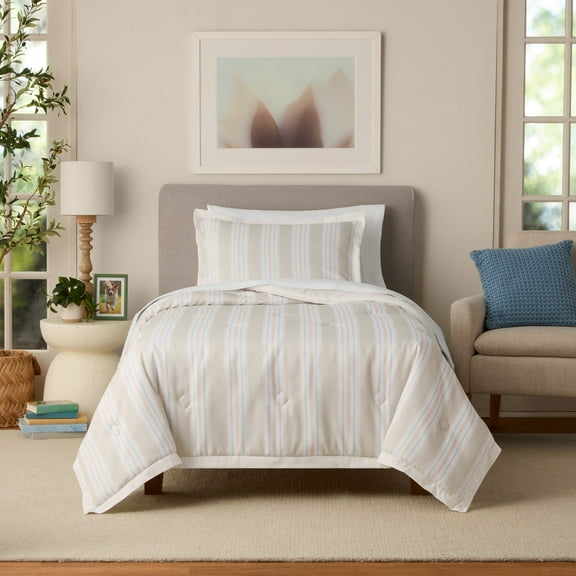 Mainstays by Becky G. & Alejandra Beige Stripe Comforter Set with Sham, Twin/Twin XL
