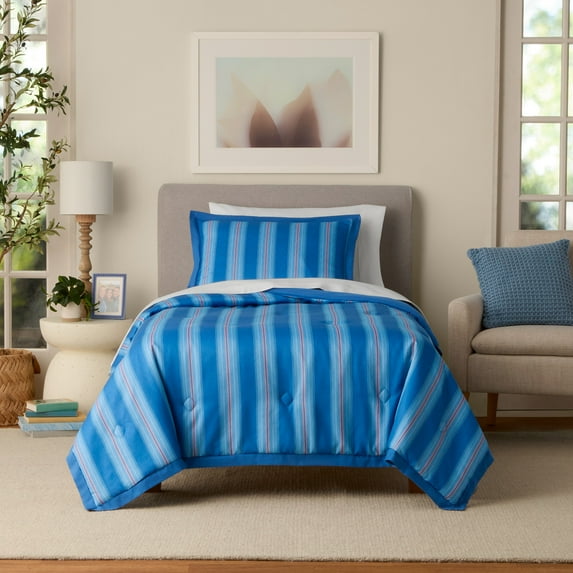 Mainstays by Becky G. & Alejandra Blue Stripe Comforter Set with Sham, Twin/Twin XL