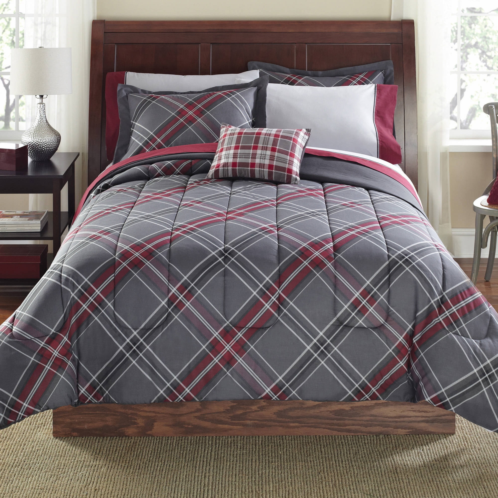 Mainstays Bed In A Bag Plaid Twin Grey