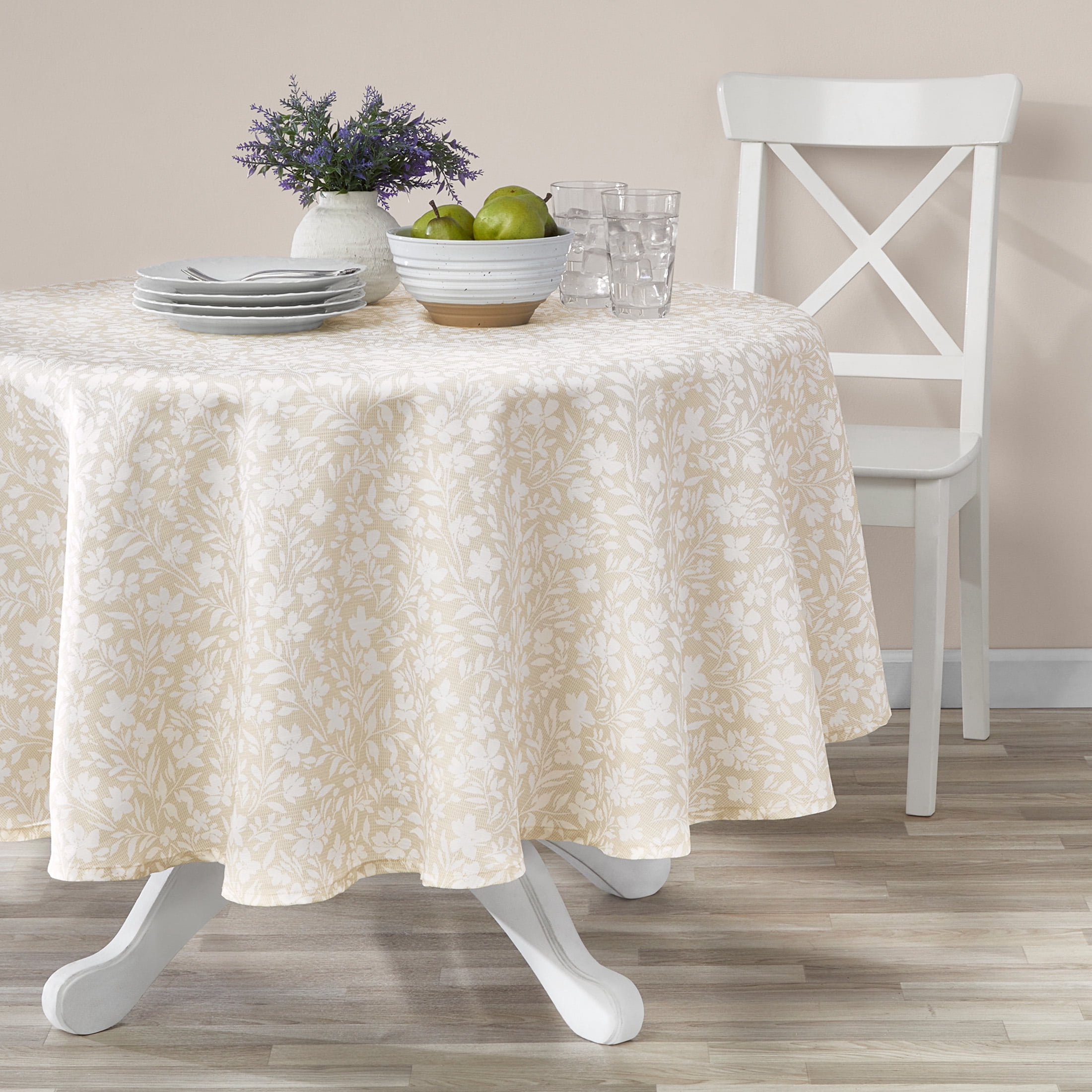 Mainstays Beige Floral Cross Stitch Round Tablecloth 70-Inch Cotton Polyester Blend