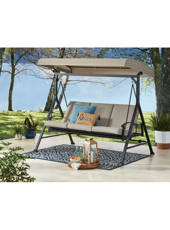 Mainstays Belden Park 3 Person Convertible Daybed Outdoor Steel Porch Swing with Canopy - Beige