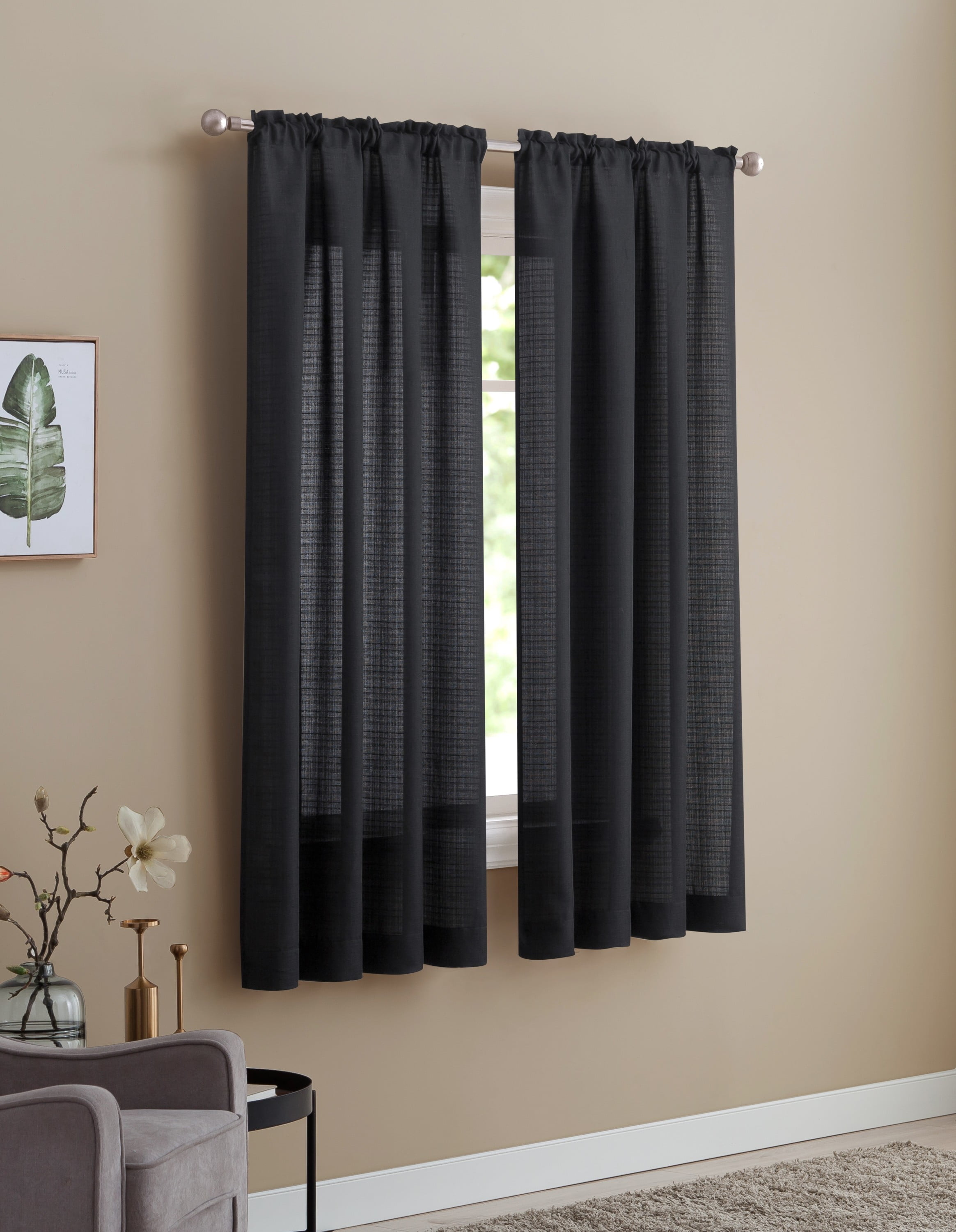 Mainstays Bennett Textured Curtain, Black 63 inch, Set of (2)