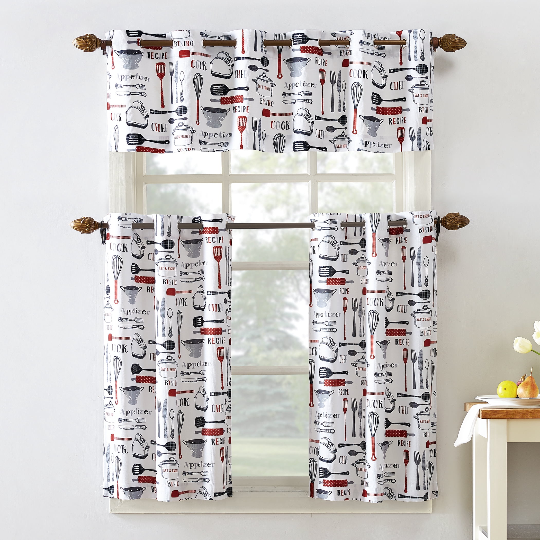 Mainstays 3-Piece Semi Sheer Rod Pocket Kitchen Window Tier Pair and Valance, 2 Café Curtains and 1 Curtain Valance, Blue Bistro Print, 54"W x 36"L