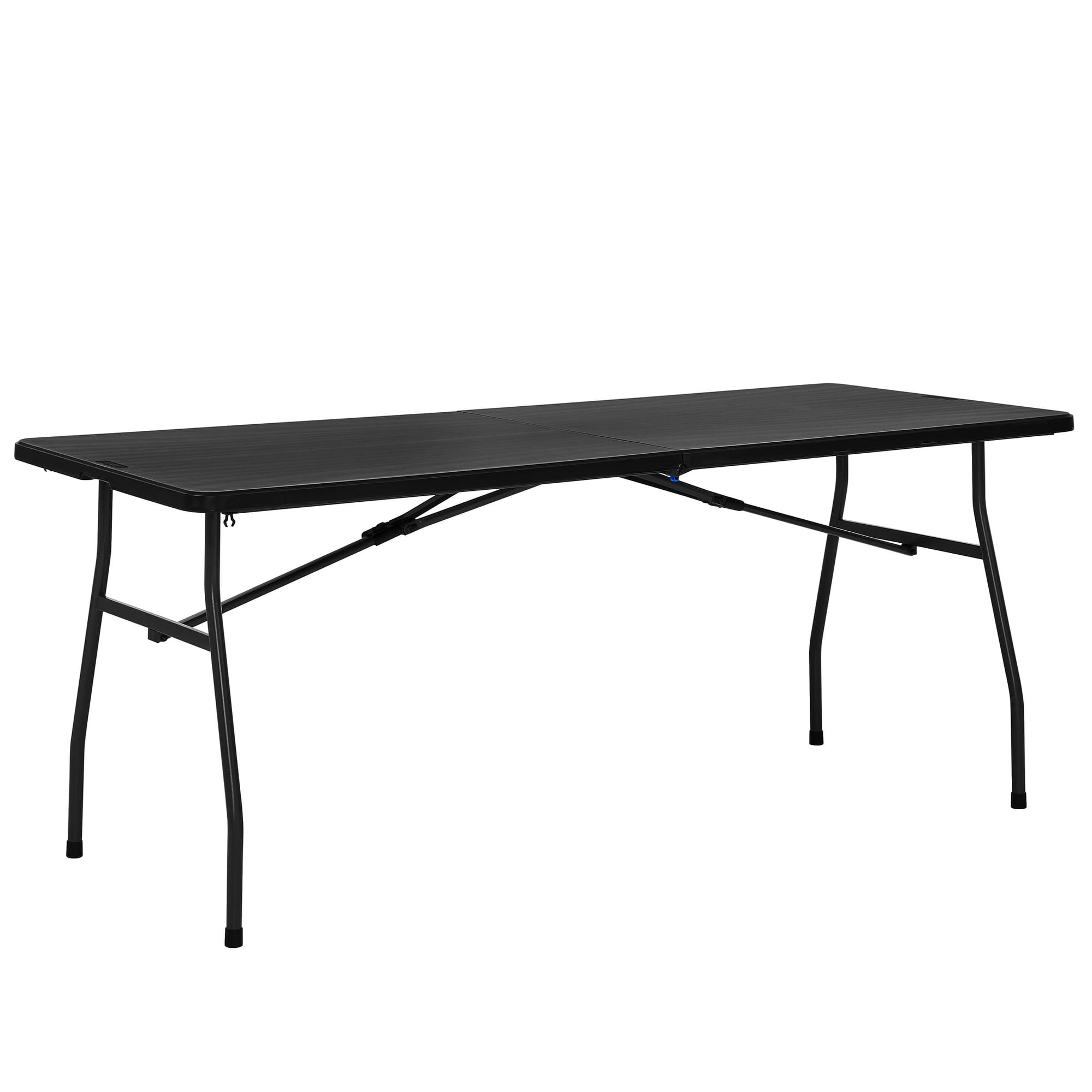 Mainstays Black 6 Foot Fold-in-Half Plastic Table, Indoor Outdoor, Scratch Resistant, Stain & UV Damage, Built-in Carry Handle