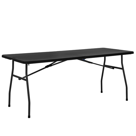 Mainstays Black 6 Foot Fold-in-Half Plastic Table, Indoor Outdoor, Scratch Resistant, Stain & UV Damage, Built-in Carry Handle