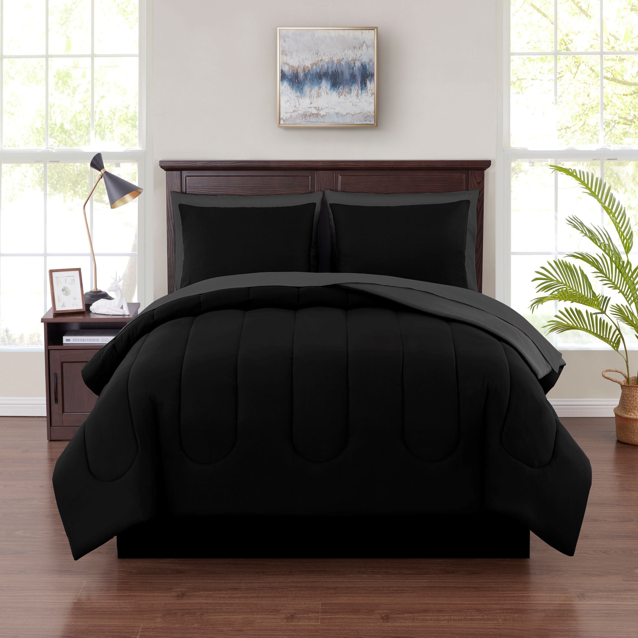 Mainstays Black 7 Piece Bed in a Bag Comforter Set with Sheets, Queen ...