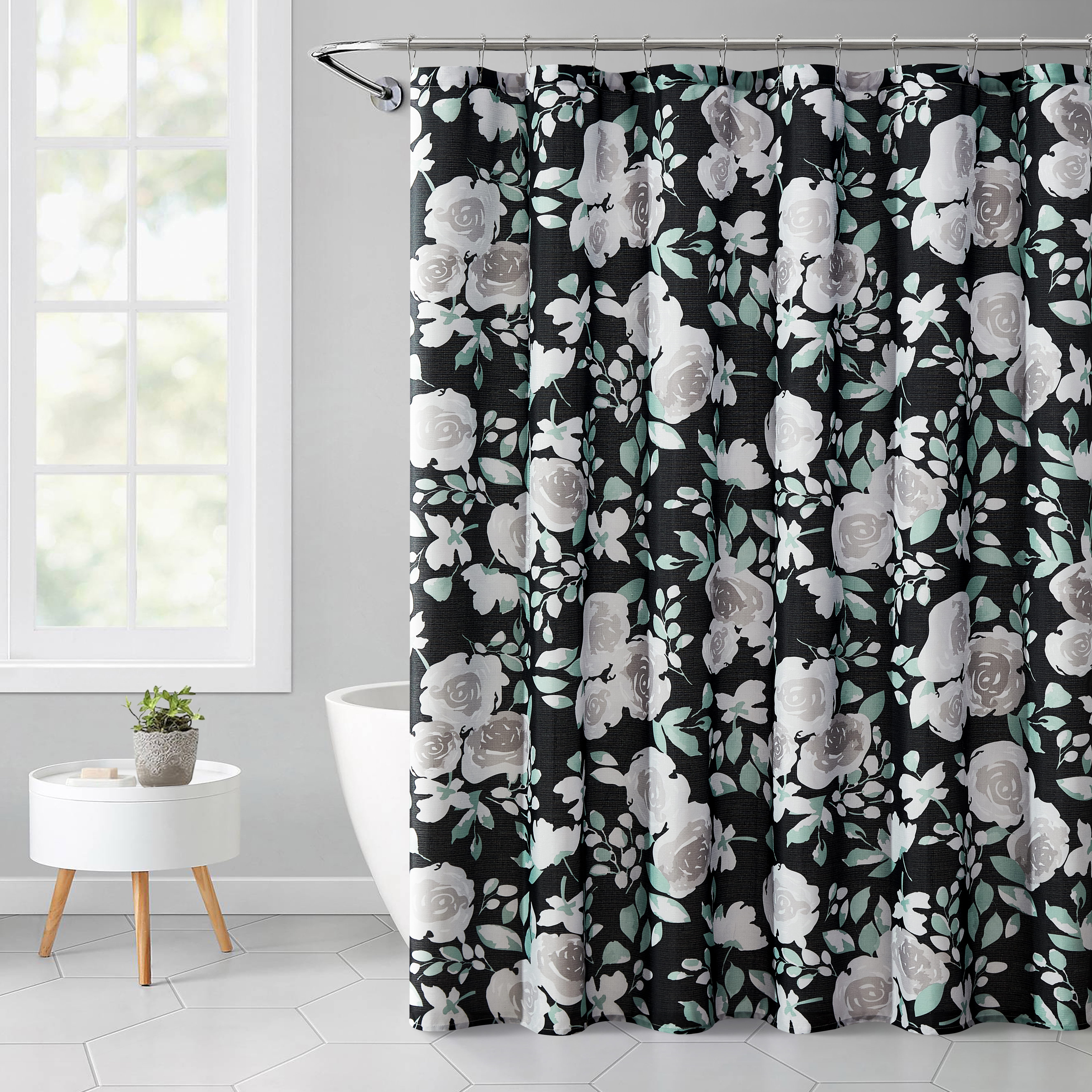 Mainstays Black Bold Floral 72" x 72" Faux Linen Shower Curtain