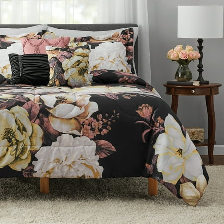 Mainstays Black Floral 10-Piece Bed in a Bag Comforter Set with Sheets, Full (Adult)