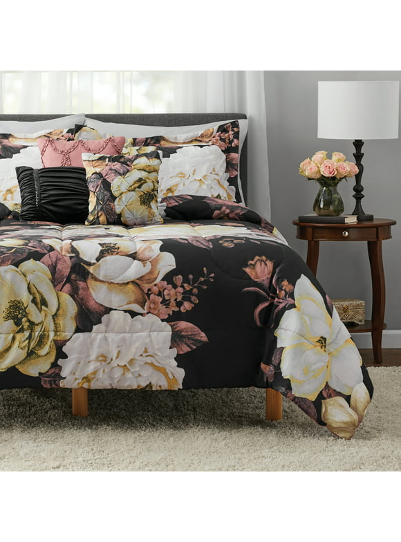 Mainstays Black Floral 10-Piece Bed in a Bag Comforter Set with Sheets, Full