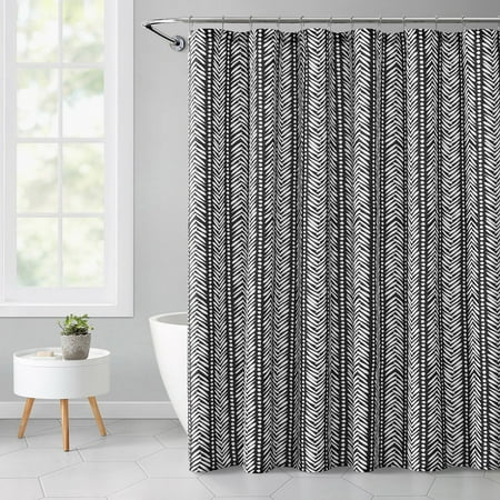 Mainstays Black HerringbOne Printed 72" x 72" Faux Linen Shower Curtain