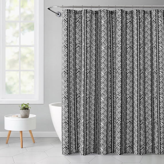 Mainstays Black HerringbOne Printed 72" x 72" Faux Linen Shower Curtain
